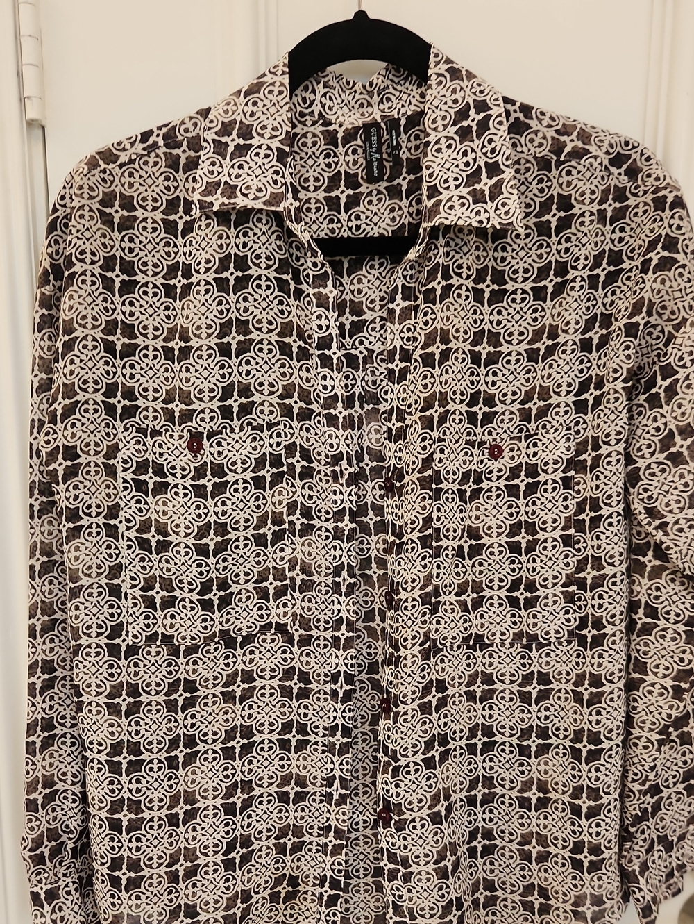 Guess by Marciano White and Brown Geometric Print Button-Down Shirt
